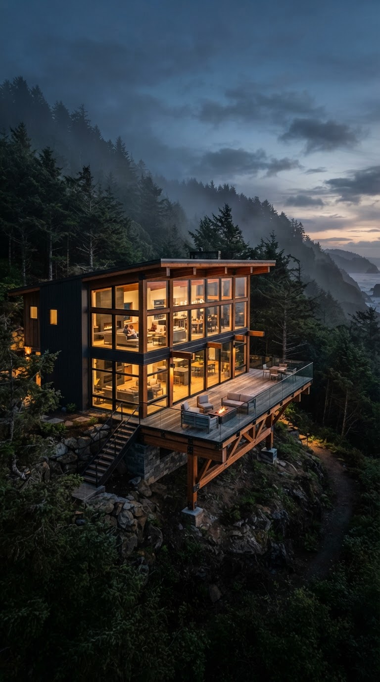 Tamarack House at dusk, glowing timber-and-glass residence in the forest