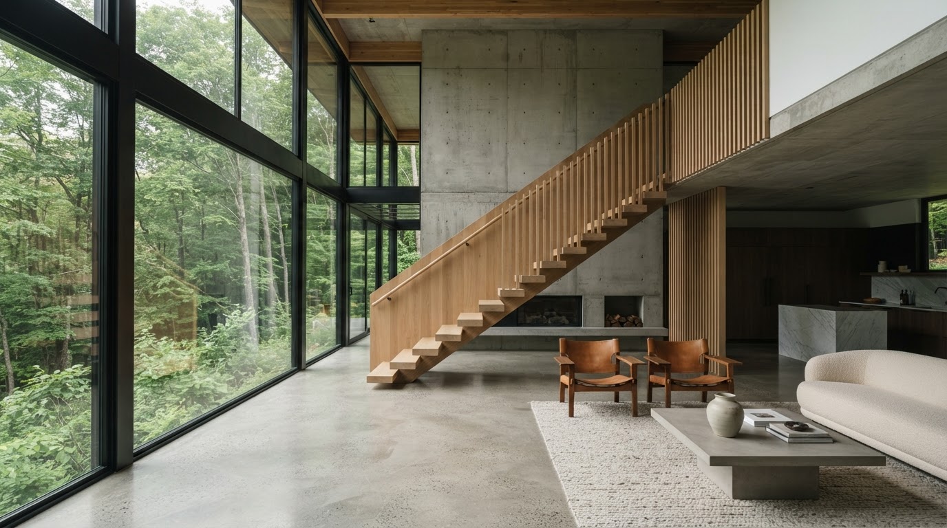 Cedar Split interior with a sculptural wooden staircase and double-height living space