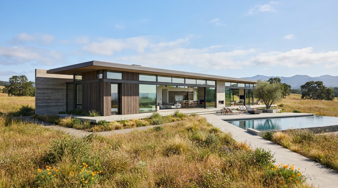 Meadow Studio, a minimal glass-and-cedar building in a sunny meadow