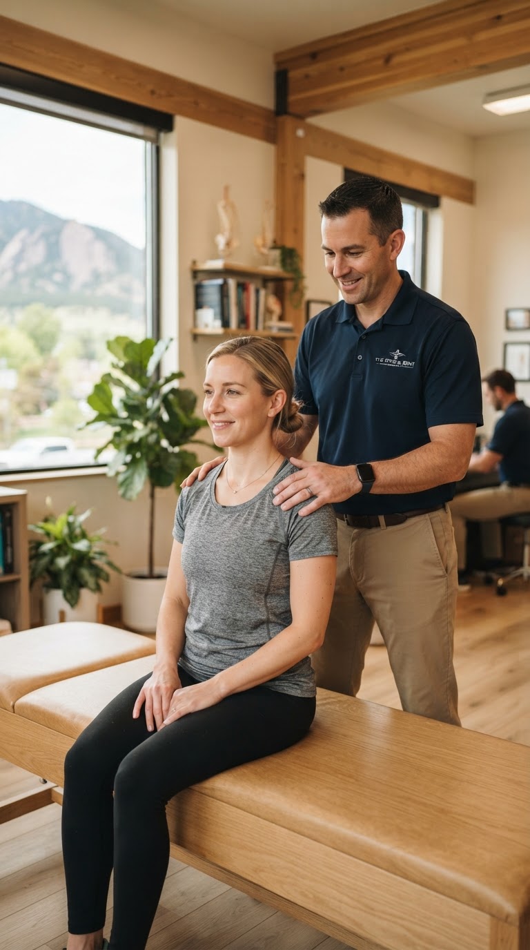 Dr. Reid Alcott guiding a patient through a posture check at Alcott Chiropractic