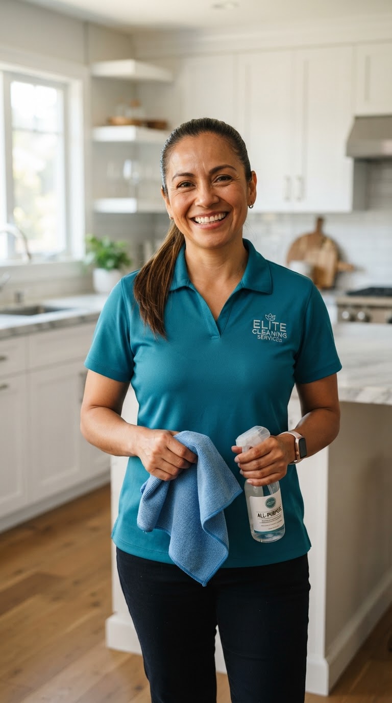 A Daybreak cleaning professional in a bright kitchen