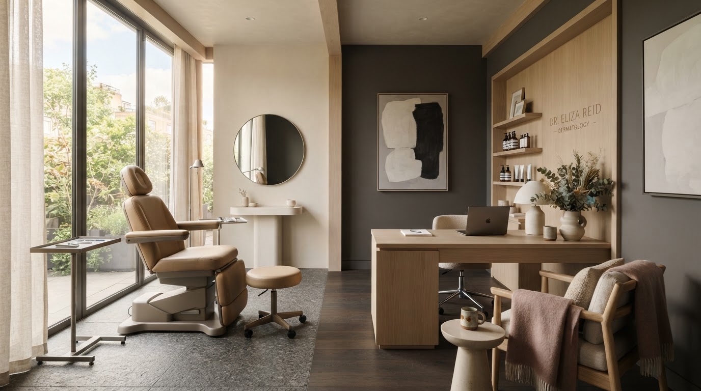The consultation room at Whitmore Dermatology, warm and minimal