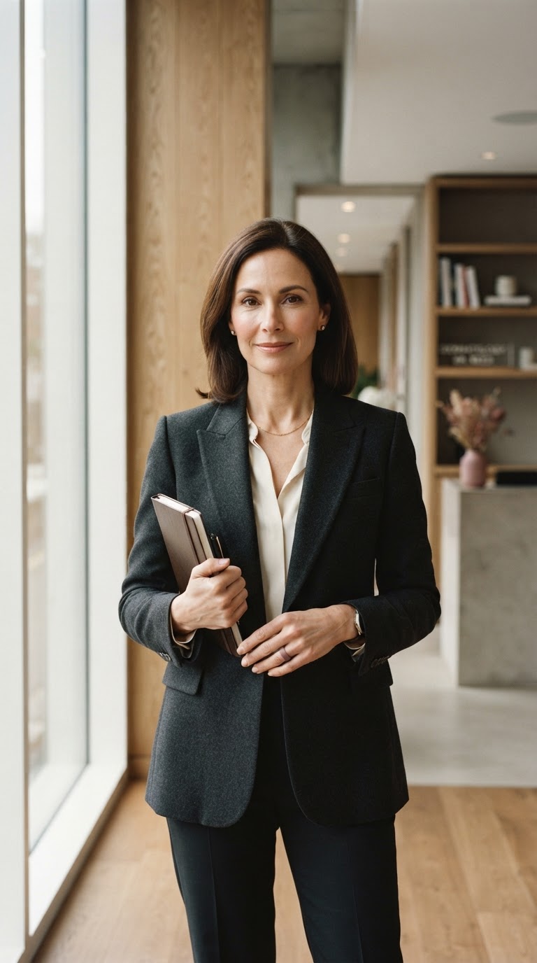 Dr. Hannah Whitmore in the softly lit clinic at Whitmore Dermatology