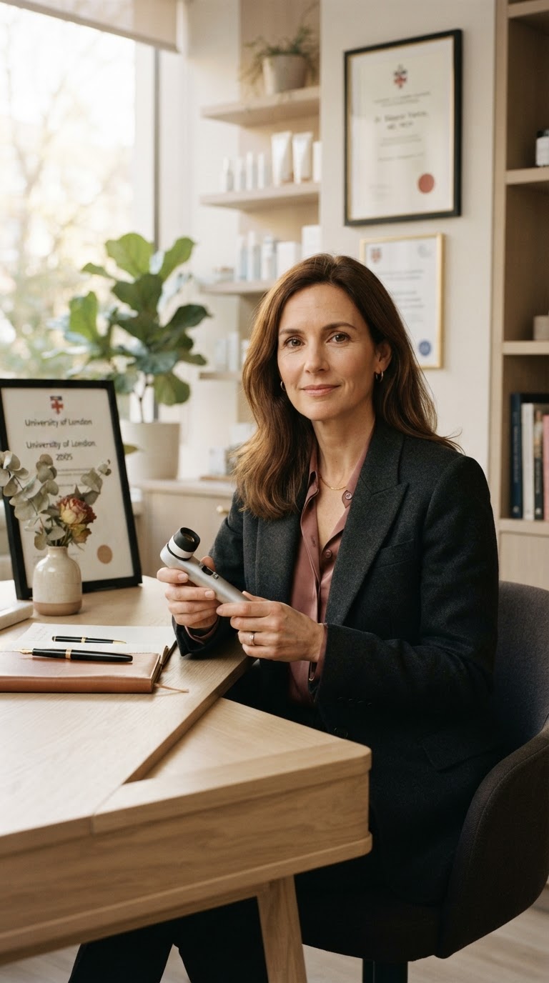 Dr. Hannah Whitmore at her desk at Whitmore Dermatology