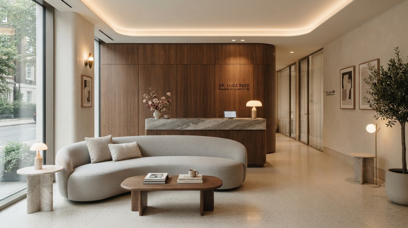 The reception area at Whitmore Dermatology, quiet and refined