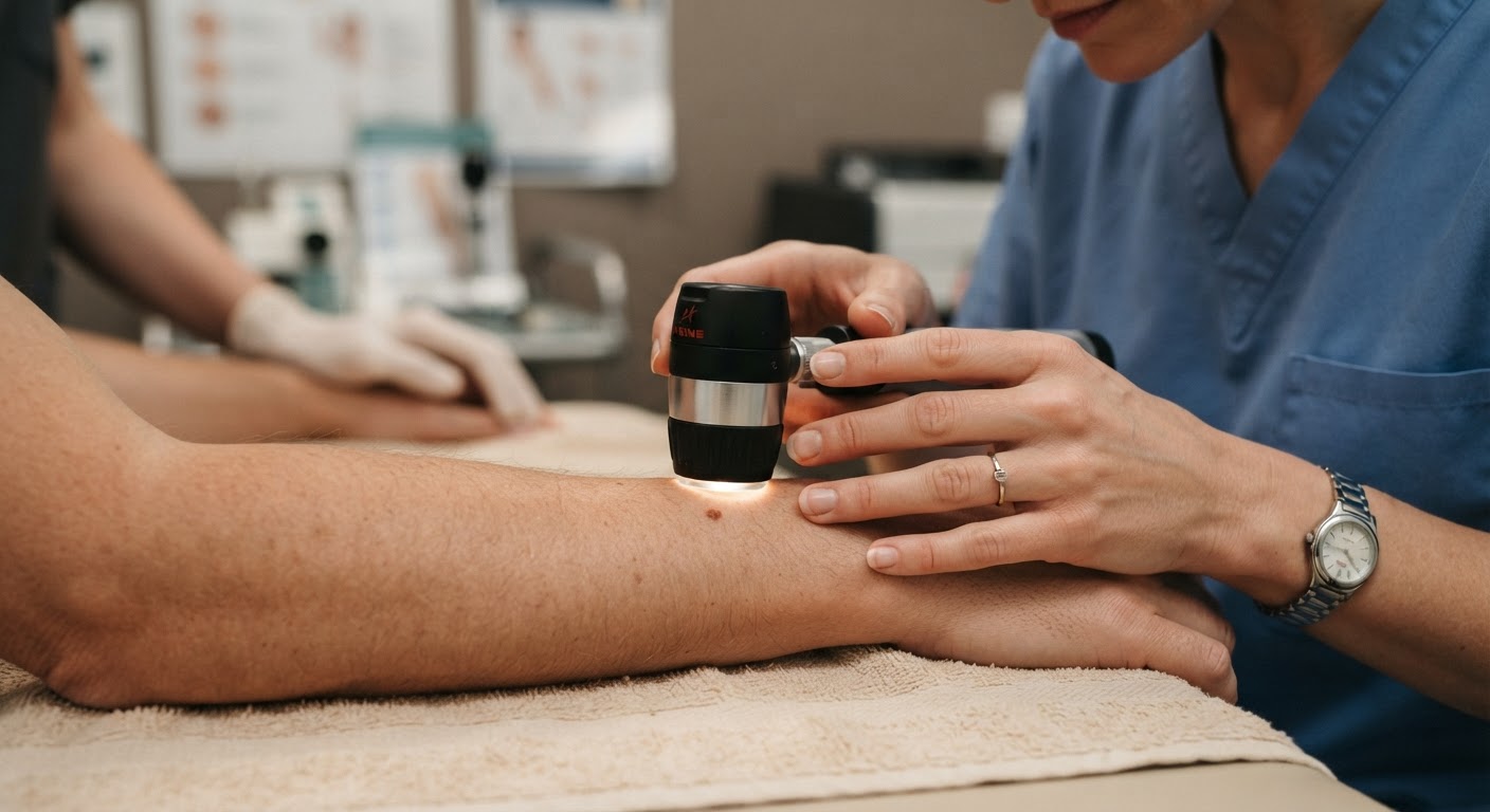 A dermatoscope close-up during a skin examination