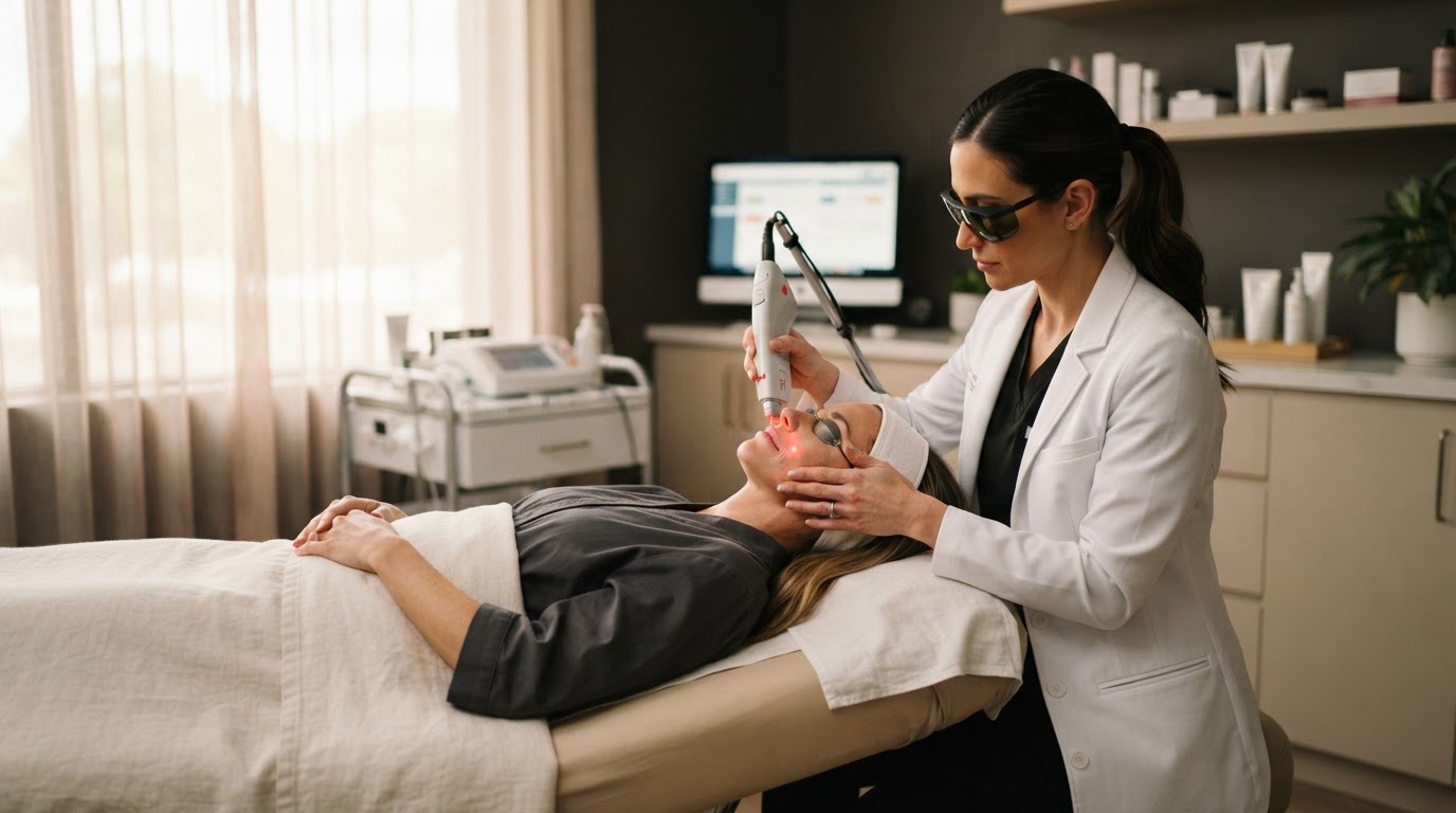 A laser skin treatment being performed in a softly lit treatment room at Whitmore Dermatology