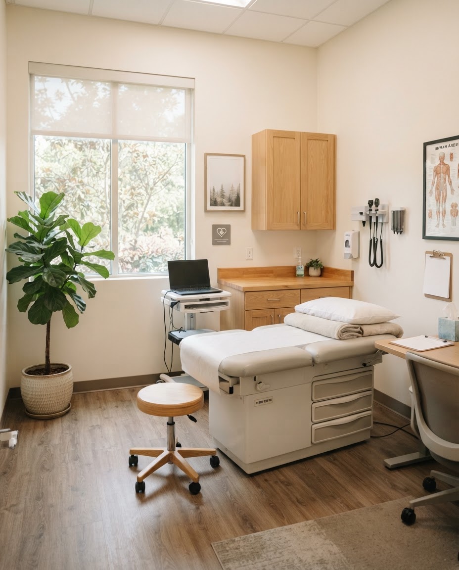 The Harborview Family Medicine exam room, calm and well lit