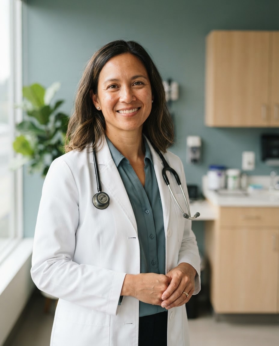 Dr. Elena Vance, a friendly family physician at Harborview Family Medicine