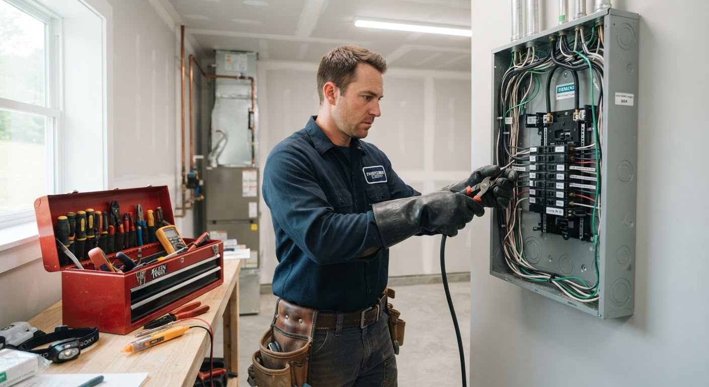 A VoltLine electrician installing a modern electrical panel