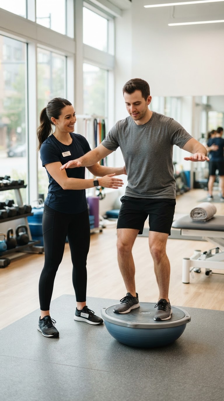 A physical therapist guiding a patient through a balance exercise at Summit Physical Therapy