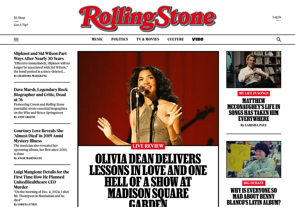 Screenshot of the Rolling Stone homepage